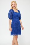 Sax Mavi Mini Fransız Dantel Balon Kol Kare Yaka Abiye Elbise