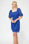 Sax Mavi Mini Fransız Dantel Balon Kol Kare Yaka Abiye Elbise