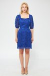 Sax Mavi Mini Fransız Dantel Balon Kol Kare Yaka Abiye Elbise