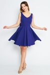 Mini Pleated Flared V-Neck Evening Dress with Back Bow Detail - Electric Blue