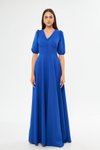 Sax Mavi Uzun Balon Kol V Yaka Korsaj Kemer Detay Abiye Elbise