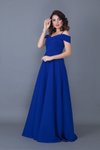 Sax Mavi Uzun Kloş Düşük Omuz Askılı Abiye Elbise