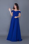 Sax Mavi Uzun Kloş Düşük Omuz Askılı Abiye Elbise