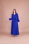 Sax Mavi Uzun Kruvaze Yaka Kemerli Elbise