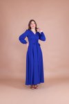 Sax Mavi Uzun Kruvaze Yaka Kemerli Elbise