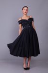 Midi Flared Floral Tulle Detail Strappy Off-Shoulder Evening Dress - Black