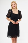 Siyah Fransız Dantel Mini Kare Yaka Balon Kol Abiye Elbise