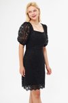 Siyah Fransız Dantel Mini Kare Yaka Balon Kol Abiye Elbise