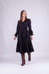 Midi Long Sleeve Wrap Neck Dress - Black