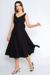 Midi Flared Pleated V-Neck Back-Bow Evening Dress - Black