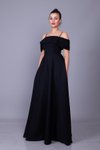 Siyah Uzun Askılı Kayık Yaka İnci Detay Abiye Elbise