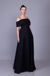 Siyah Uzun Askılı Kayık Yaka İnci Detay Abiye Elbise