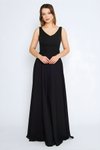 Long Flared V-Neck Bow-Back Detail Evening Dress - Black