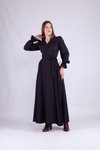Siyah Uzun Kol Kruvaze Yaka Elbise