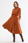 Tarçın Uzun Kol Midi Kuşaklı Beli Lastikli Cepli Gömlek Elbise