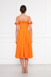 Turuncu Midi Kloş Pileli Ayarlanabilir Askılı Yaka Fırfır Detay Abiye Elbise