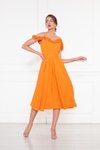 Turuncu Midi Kloş Pileli Ayarlanabilir Askılı Yaka Fırfır Detay Abiye Elbise