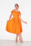 Turuncu Midi Kloş Pileli Ayarlanabilir Askılı Yaka Fırfır Detay Abiye Elbise