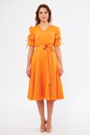 Turuncu Midi Kruvaze Yaka Büzgülü Kolları Lastikli Kuşaklı Elbise