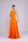 Turuncu Uzun Kare Yaka Abiye Elbise