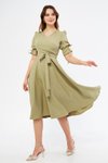 Yağ Yeşili Kruvaze Yaka Kuşaklı Büzgülü Midi Elbise