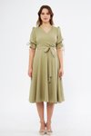 Yağ Yeşili Kruvaze Yaka Kuşaklı Büzgülü Midi Elbise