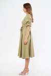 Yağ Yeşili Kruvaze Yaka Kuşaklı Büzgülü Midi Elbise