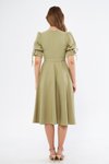 Yağ Yeşili Kruvaze Yaka Kuşaklı Büzgülü Midi Elbise