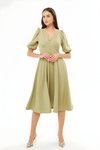 Midi V-Neck Balloon Sleeve Corset Belt Detail Evening Dress - Oil Green