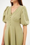 Yağ Yeşili Midi Balon Kol V Yaka Korsaj Kemer Detaylı Abiye Elbise