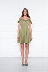 Yağ Yeşili Pileli Mini Kloş Ayarlanabilir Askılı Fırfır Detaylı Abiye Elbise