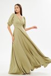 Yağ Yeşili Uzun Balon Kol V Yaka Korsaj Kemer Detay Abiye Elbise