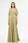 Yağ Yeşili Uzun Balon Kol V Yaka Korsaj Kemer Detay Abiye Elbise