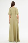 Yağ Yeşili Uzun Balon Kol V Yaka Korsaj Kemer Detay Abiye Elbise