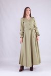 Yağ Yeşili Uzun Kol Kruvaze Yaka Elbise