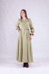 Yağ Yeşili Uzun Kol Kruvaze Yaka Elbise