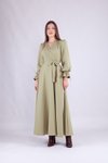 Yağ Yeşili Uzun Kol Kruvaze Yaka Elbise