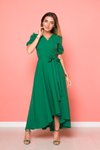 Yeşil Çimen Önü Kısa Arkası Uzun Asimetrik Kesim Kruvaze Yaka Elbise