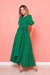 Yeşil Çimen Önü Kısa Arkası Uzun Asimetrik Kesim Kruvaze Yaka Elbise