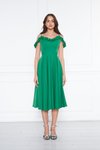 Yeşil Midi Ayarlanabilir Askılı Fırfır Detay Pileli Kloş Abiye Elbise