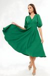Midi V-Neck Balloon Sleeve Corset Belt Detail Evening Dress - Green