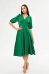 Yeşil Midi Balon Kol V Yaka Korsaj Kemer Detaylı Abiye Elbise