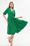Yeşil Midi Balon Kol V Yaka Korsaj Kemer Detaylı Abiye Elbise