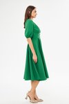 Yeşil Midi Balon Kol V Yaka Korsaj Kemer Detaylı Abiye Elbise