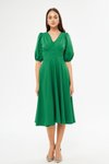 Yeşil Midi Balon Kol V Yaka Korsaj Kemer Detaylı Abiye Elbise