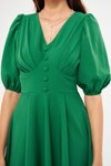 Yeşil Midi Balon Kol V Yaka Korsaj Kemer Detaylı Abiye Elbise