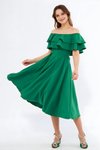 Midi Draped Woven Ruffle Neck Drop Shoulder Evening Dress - Green