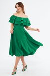 Yeşil Midi Dökümlü Dokuma Fırfır Yaka Düşük Omuz Mezuniyet Abiye Elbise