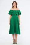 Yeşil Midi Dökümlü Dokuma Fırfır Yaka Düşük Omuz Mezuniyet Abiye Elbise
