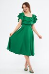 Yeşil Midi Dökümlü Dokuma Fırfır Yaka Düşük Omuz Mezuniyet Abiye Elbise